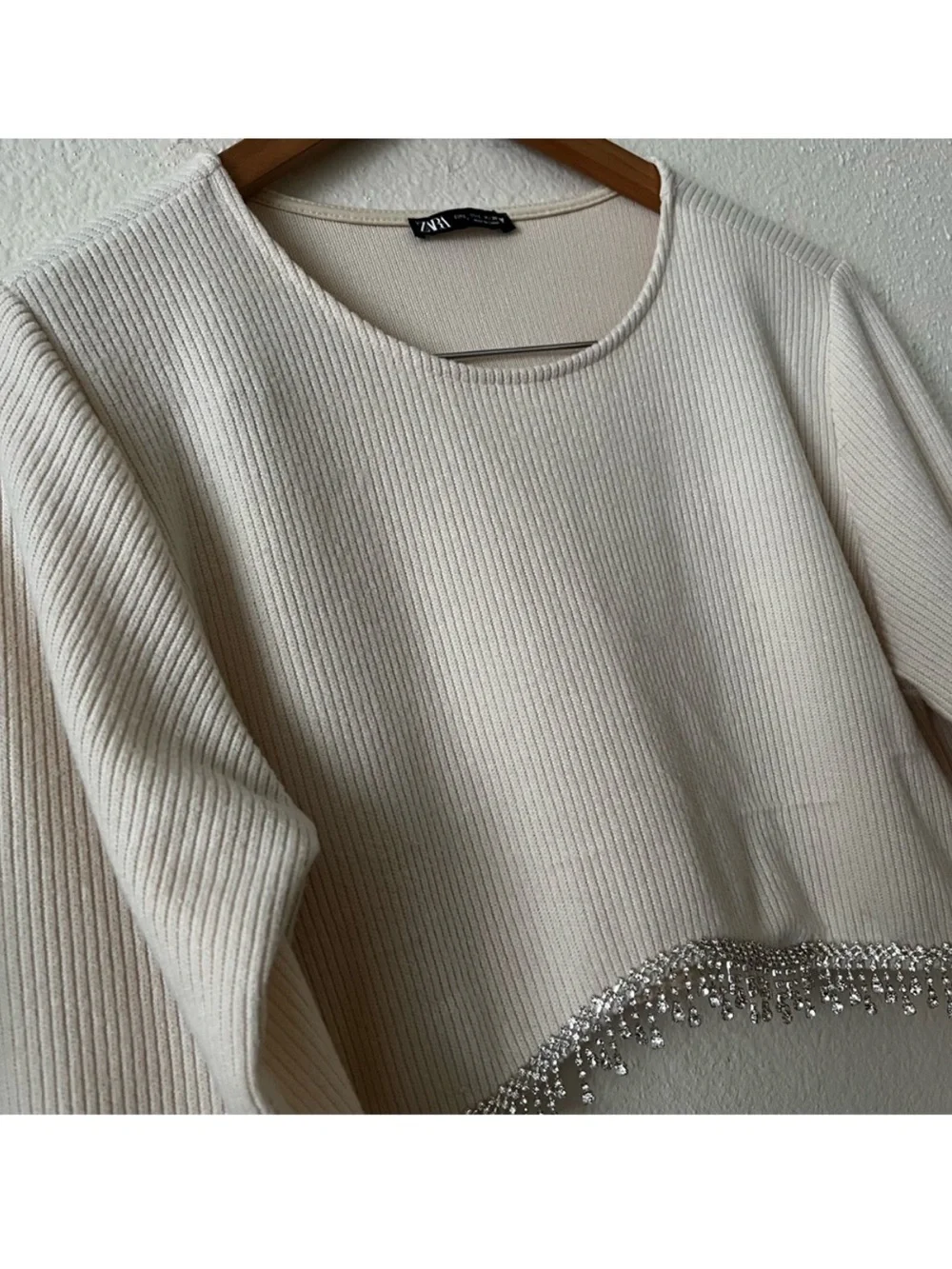 ZARA LIMITED EDITION Rhinestone Fringe Cream Top L